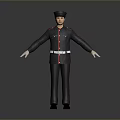 Male Character in Dark Uniform With Red Accents White Belt Gloves and Cap Standing Pose