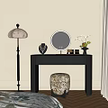 Elegant Modern Dressing Table Setup With Round Mirror Floor Lamp Patterned Stool And Flower Vase 3d model