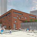 Modern Red Brick Building With Glass Facade In Urban Plaza With Trees And People