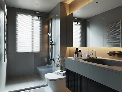 Modern Gray Bathroom With Glass Shower Enclosure Blinds Large Mirror Vanity Toilet Toiletries And Lighting 3d model