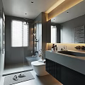 Modern Gray Bathroom With Glass Shower Enclosure Blinds Large Mirror Vanity Toilet Toiletries And Lighting