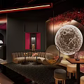 Elegant Modern Bar Interior With Moon Mural Cherry Blossom Decor Sofa And Table Seating 3d model