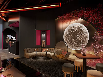 Elegant Modern Bar Interior With Moon Mural Cherry Blossom Decor Sofa And Table Seating 3d model