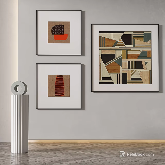 Three Framed Abstract Artworks With Geometric Patterns On Wall And White Cylindrical Decor 3d model 