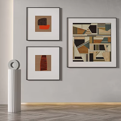 Three Framed Abstract Artworks With Geometric Patterns On Wall And White Cylindrical Decor 3d model