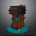 Traditional Wooden Layered Tower With Red Tiled Roof Snow Accents Red Tree Blue Snowy Base