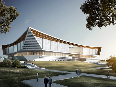 Modern Architectural Building With Unique Geometric Design Glass Curtain Wall Green Lawn Pedestrian Path And People Walking 3d model