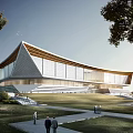 Modern Architectural Building With Unique Geometric Design Glass Curtain Wall Green Lawn Pedestrian Path And People Walking
