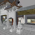 Cultural Center Interior Design Featuring Traditional Golden Ceiling Stone Carvings And Exhibition Corridor