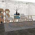 Light Wooden Dining Table Set With Blue Chair White Stools And Textured Wall Decoration