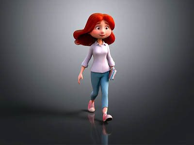 Game Movie Female Character With Long Red Hair White Shirt Blue Pants Walking Holding Notebook 3d model