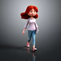 Game Movie Female Character With Long Red Hair White Shirt Blue Pants Walking Holding Notebook