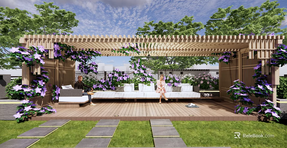 Serene Courtyard Garden With Wooden Pergola Purple Vines White Sofas And Lawn Pathways 3d model 