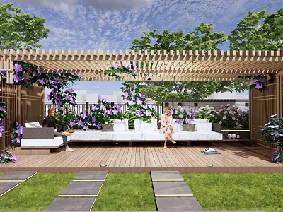 Serene Courtyard Garden With Wooden Pergola Purple Vines White Sofas And Lawn Pathways 3d model