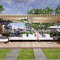 Serene Courtyard Garden With Wooden Pergola Purple Vines White Sofas And Lawn Pathways