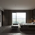 Modern Bedroom Interior With Dark Marble Accent Wall Wooden Walls Bed Bench And Scenic View