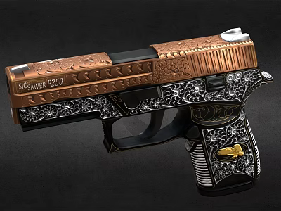 SIG SAUER P250 Pistol With Copper Black Design Engraved Patterns And Gold Grip Emblem 3d model