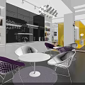 Modern Pantry Interior With White Tables Purple And White Chairs Bookshelves Gray Flooring And Chandelier