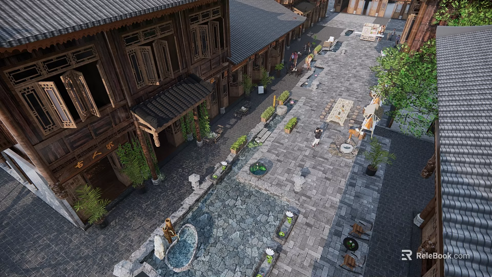 Traditional Commercial Landscape With Stone-paved Courtyard Green Plants And Wooden Architecture 3d model 