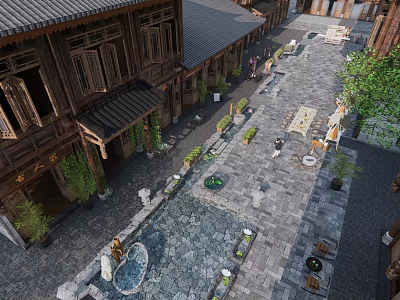 Traditional Commercial Landscape With Stone-paved Courtyard Green Plants And Wooden Architecture 3d model