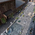 Traditional Commercial Landscape With Stone-paved Courtyard Green Plants And Wooden Architecture