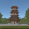 Traditional Five Tiered Chinese Pagoda With Golden Spire Surrounded By Green Trees And Grass