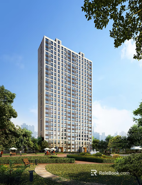 Modern High Rise Residential Building Surrounded By Green Trees And Blue Sky City Skyline 3d model 