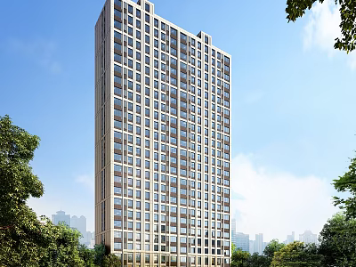 Modern High Rise Residential Building Surrounded By Green Trees And Blue Sky City Skyline 3d model