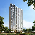 Modern High Rise Residential Building Surrounded By Green Trees And Blue Sky City Skyline
