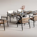 Modern Black Dining Table Set with Light Upholstered Chairs Tableware and Flower Vase 3d model