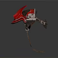 Red Mechanical Helmet With Antenna And Metal Straps On White Background