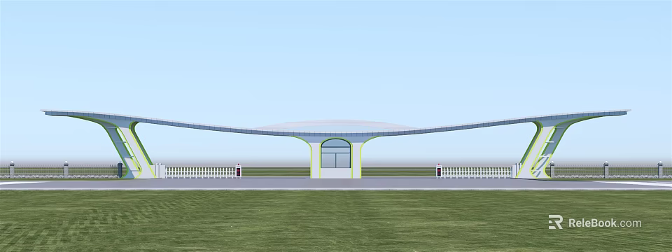 Modern Entrance Gate Design With Archway White Railings And Green Lawn 3d model 