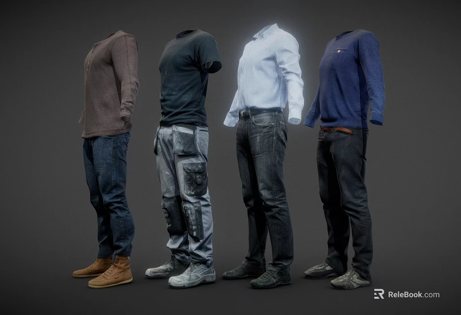 Various Styles Men's Clothes With Tops Pants And Shoes On Mannequins 3d model 