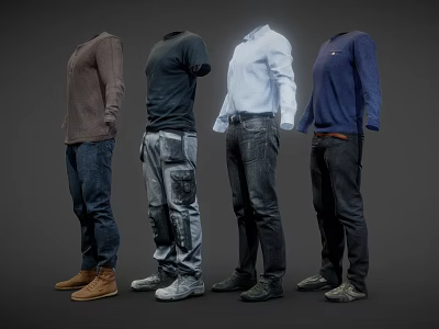Various Styles Men's Clothes With Tops Pants And Shoes On Mannequins 3d model