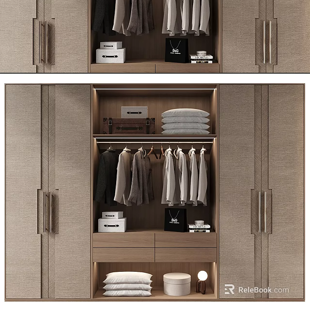 Organized Modern Wardrobe Interior With Hanging Clothes Folded Towels And Storage Boxes 3d model 