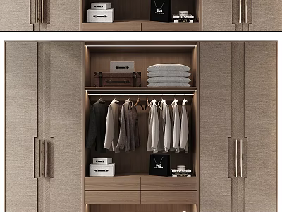 Organized Modern Wardrobe Interior With Hanging Clothes Folded Towels And Storage Boxes 3d model
