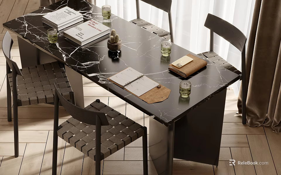 Modern Minimalist Dining Table Set With Black Marble Top Woven Chairs Books And Glass Cups 3d model 