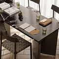 Modern Minimalist Dining Table Set With Black Marble Top Woven Chairs Books And Glass Cups