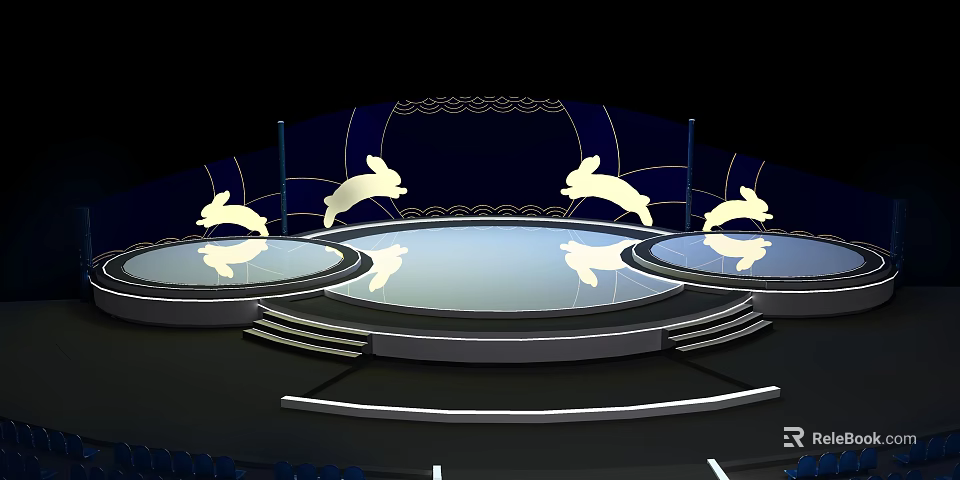 Stage Design With Circular Platforms And Rabbit Decorations On Blue Backdrop 3d model