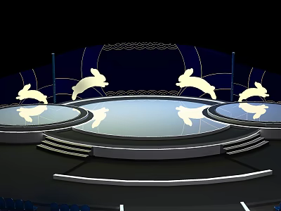 Stage Design With Circular Platforms And Rabbit Decorations On Blue Backdrop 3d model