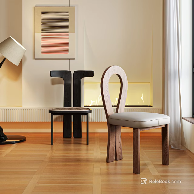 Two Modern Wooden Dining Chairs With Different Backrest Designs In Living Room Interior 3d model 