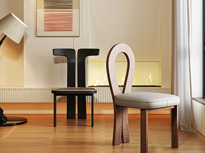 Two Modern Wooden Dining Chairs With Different Backrest Designs In Living Room Interior 3d model