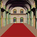 Cartoon Scene of Arched Hall With Red Carpet Golden Decorations and Windows