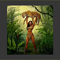 Cube Artwork Display Featuring Woman Holding Leopard in Green Tropical Rainforest