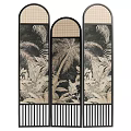 Three Panel Room Divider With Arched Top Tropical Palm Tree Plant Patterns Bottom Vertical Slats 3d model