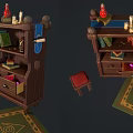 Vintage Wooden Bookshelf With Shelves Drawers Red Bottle Books Small Stool And Green Rug