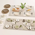 Minimalist Modern Dinnerware Set With Plates Bowls Cutlery Fruit Bowl And Green Plant On Placemats
