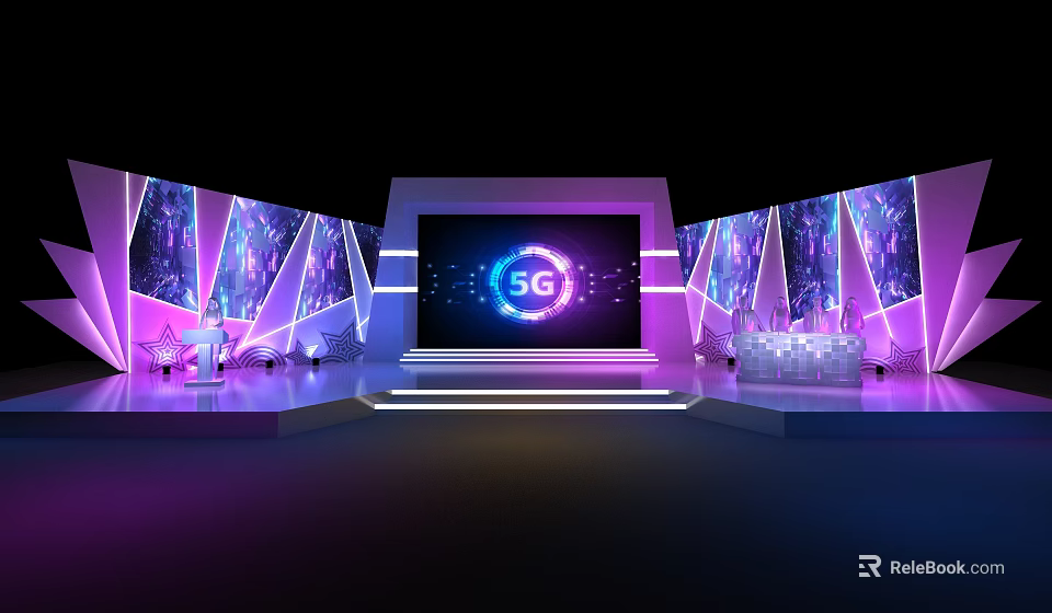5G Themed Stage Setup With Large Screen Colorful Lighting And Side Displays 3d model 