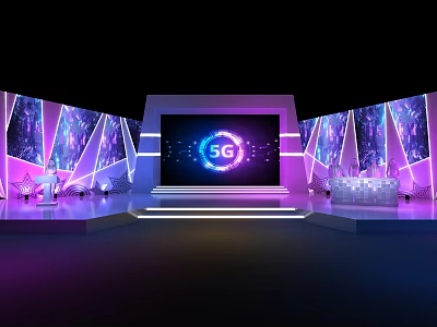 5G Themed Stage Setup With Large Screen Colorful Lighting And Side Displays 3d model