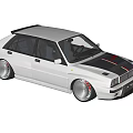 White Classic Sporty Car With Black Roof Silver Wheels And Red Hood Stripes